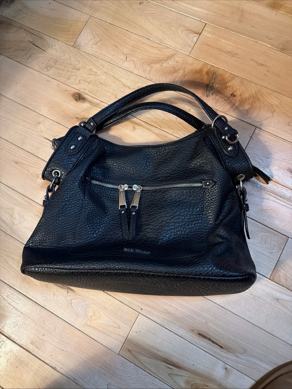Max Studio Black Pebbled Leather Hobo with Front Zip